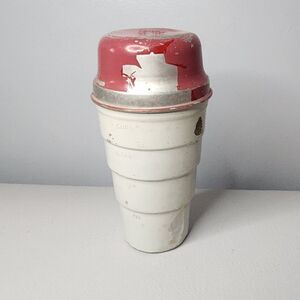 Vintage Carnation Malted Milk Shaker 7" Metal Measuring Cup Red White Dairy Malt